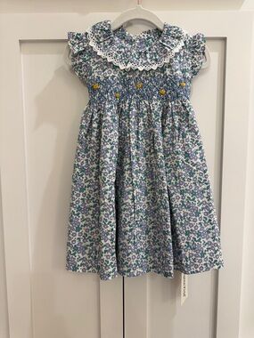 Simplee Kids Liberty Fabric Floral Print Smocked Dress with Collar and Bow